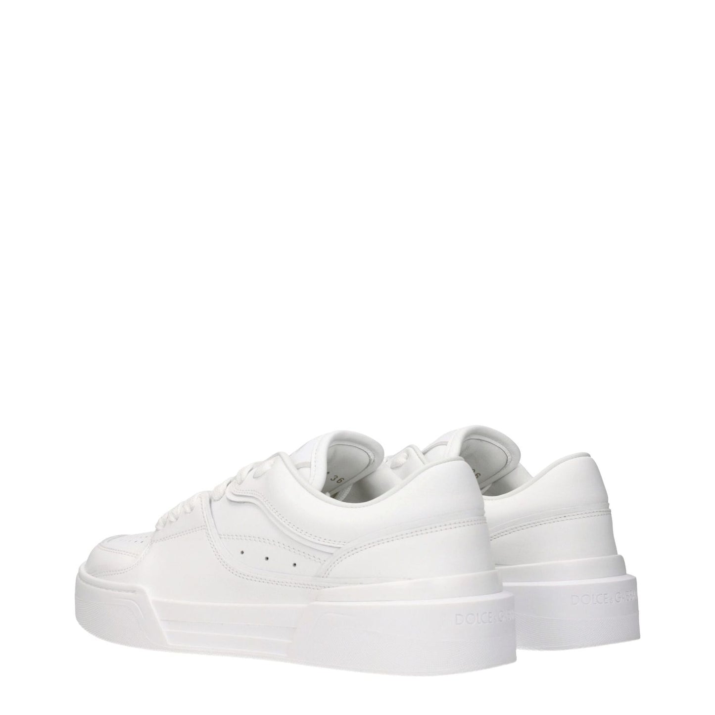 Dolce & Gabbana White Leather Low Top Sneakers with rubber sole, lace-up design, and logos on front and back.