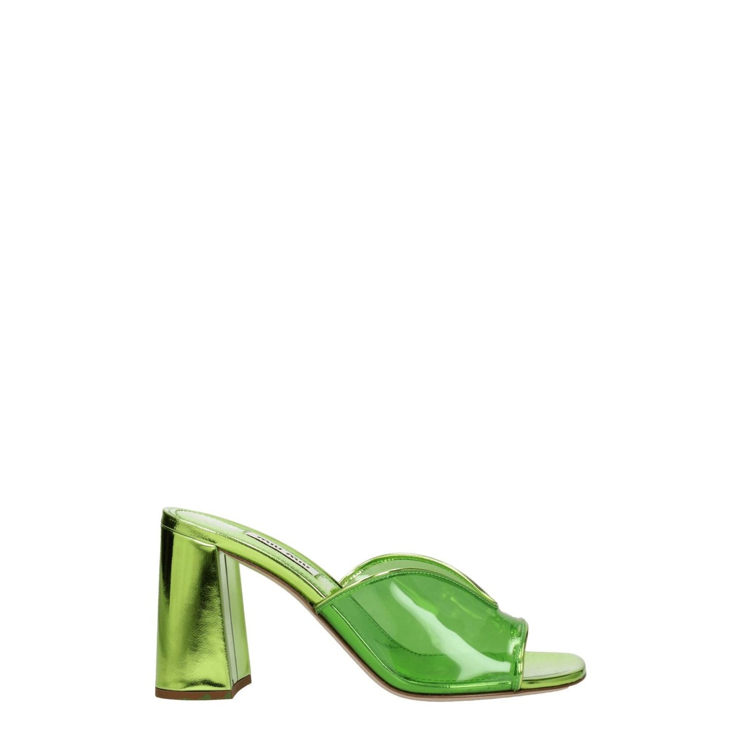 Miu Miu Green Plexiglass Platform Sandals with leather sole, 8.5 cm mid heels, and open toe design, casual style.