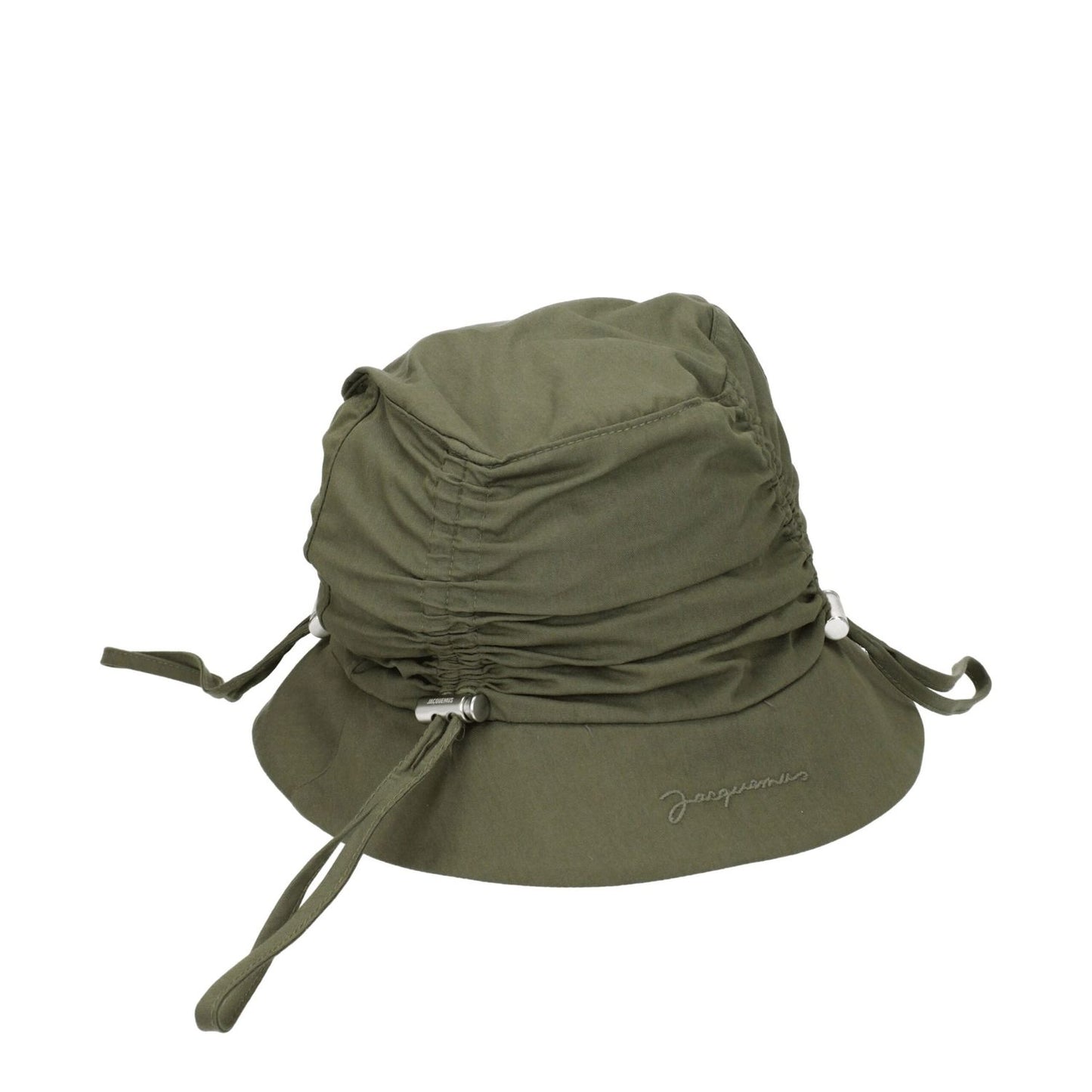 Jacquemus Green Cotton Bucket Hat with logo, khaki shade, casual style, made from 75% cotton and 25% polyamide. MPN 235AC4705047560.