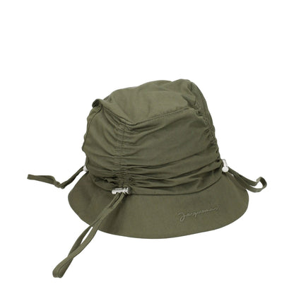 Jacquemus Green Cotton Bucket Hat with logo, khaki shade, casual style, made from 75% cotton and 25% polyamide. MPN 235AC4705047560.