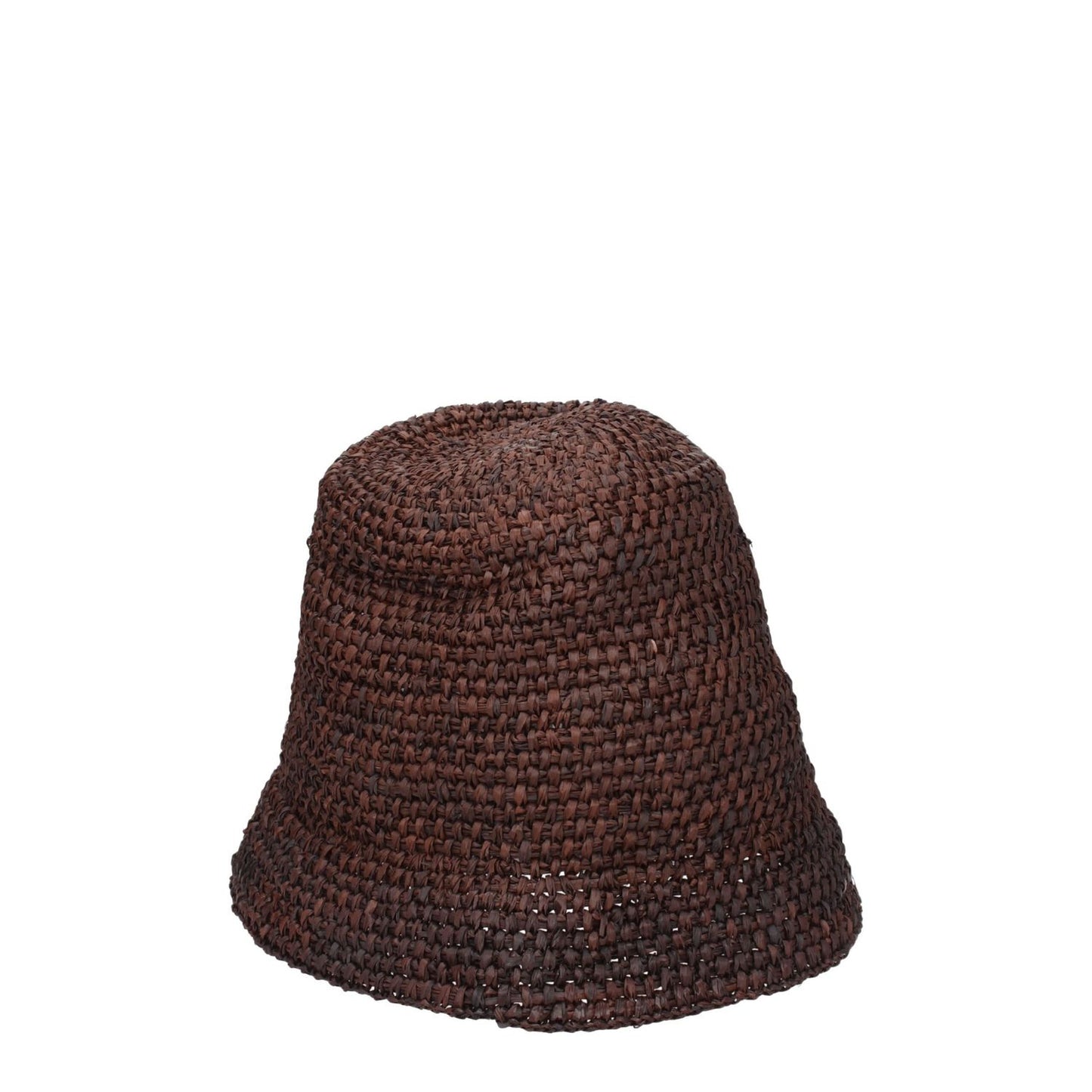 Jacquemus Brown Raffia Bucket Hat with front logo, casual style in dark brown handcrafted raffia.
