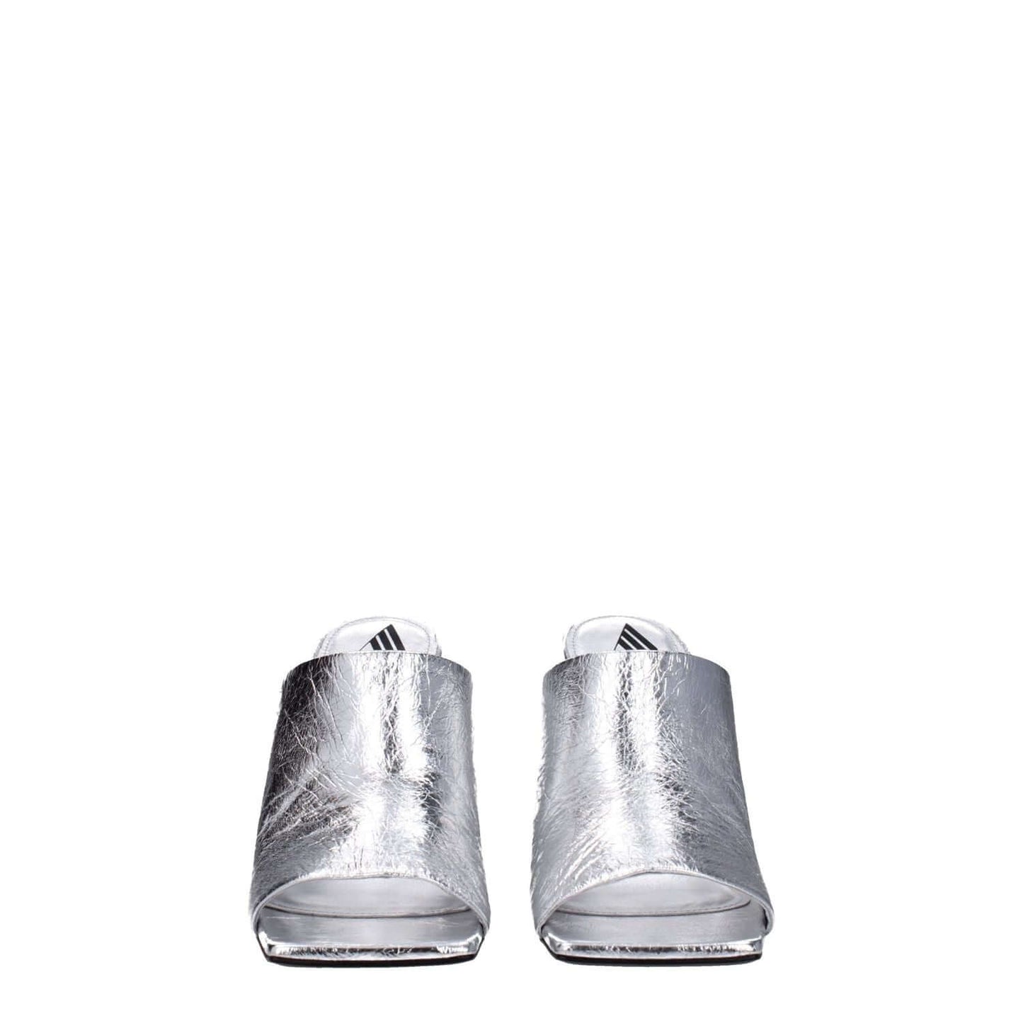 The Attico Gray Leather Platform Sandals with high heel and open toe in vintage silver leather design, front view.