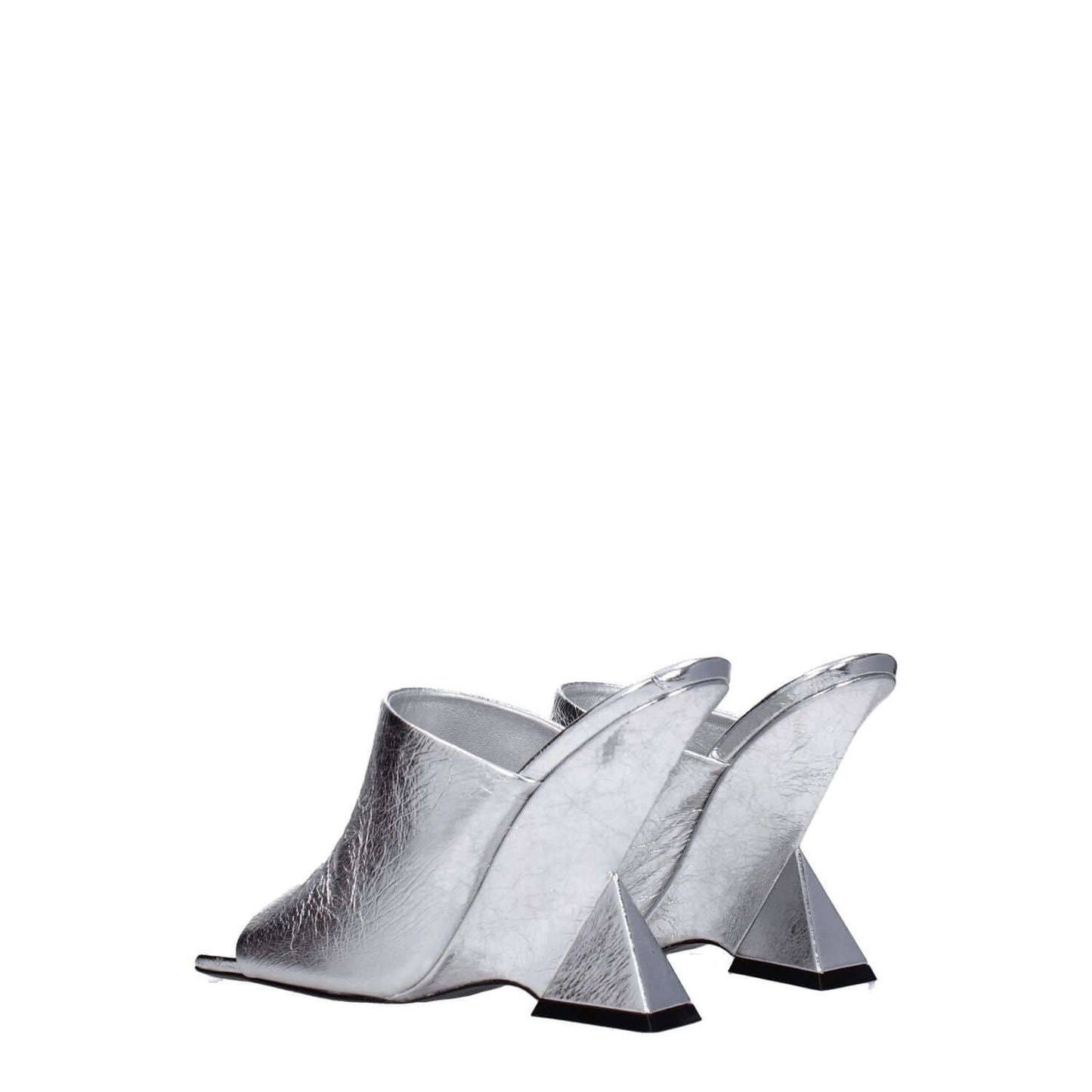 The Attico Gray Leather Platform Sandals with high heels and open toe design, featuring vintage effect in silver leather, view from the back.