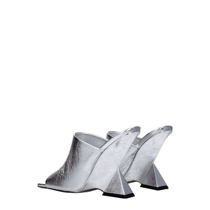 The Attico Gray Leather Platform Sandals with high heels and open toe design, featuring vintage effect in silver leather, view from the back.