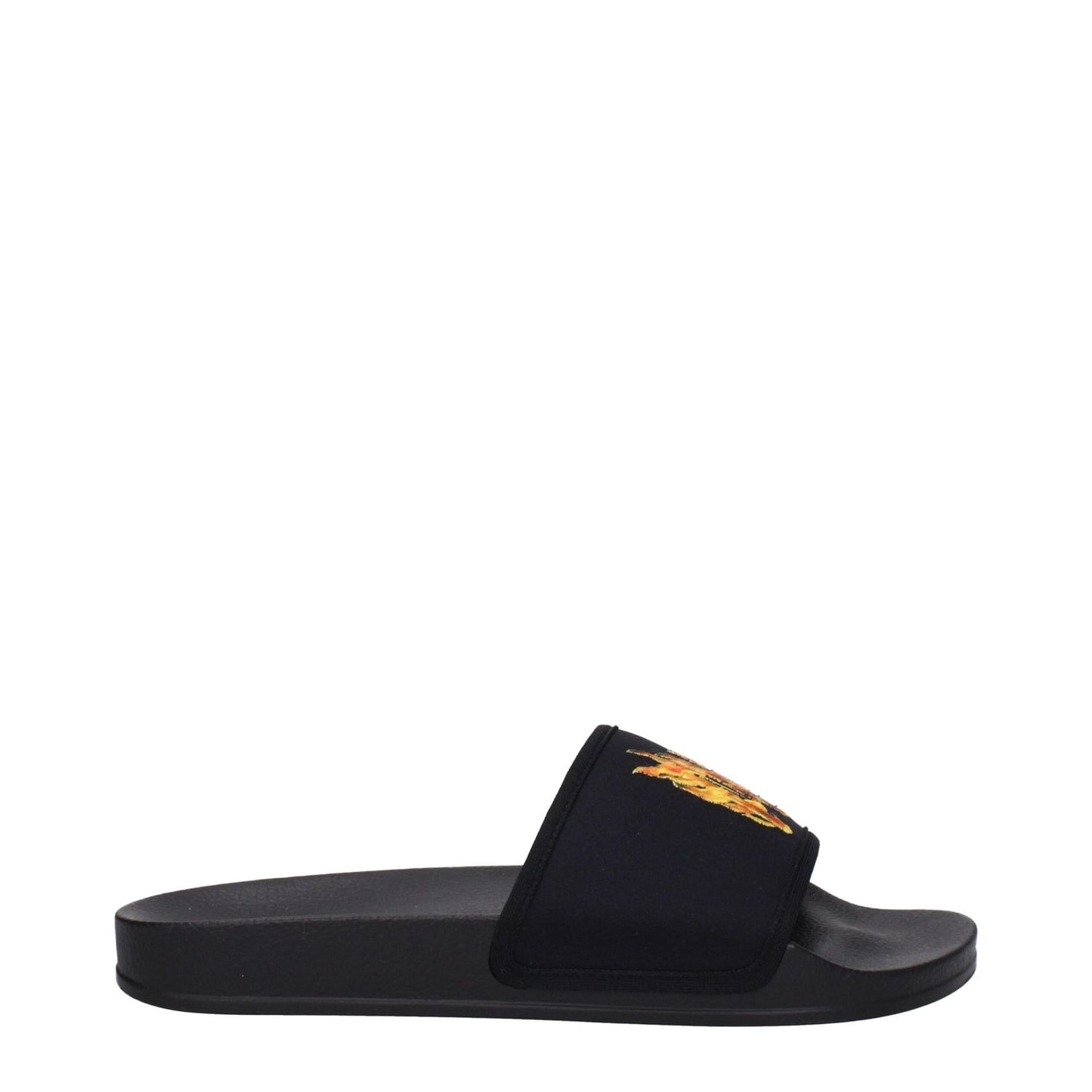 Palm Angels Black Fabric Slippers with rubber sole and front logo, open toe, low flat heel.