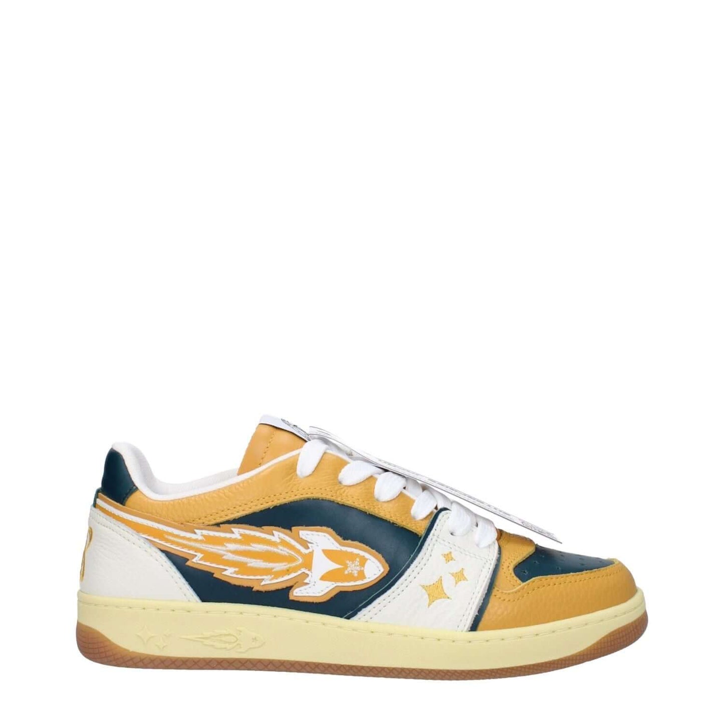 Enterprise Japan Green Leather Low Top Sneakers with logo, mustard accents, and lace-up closure.
