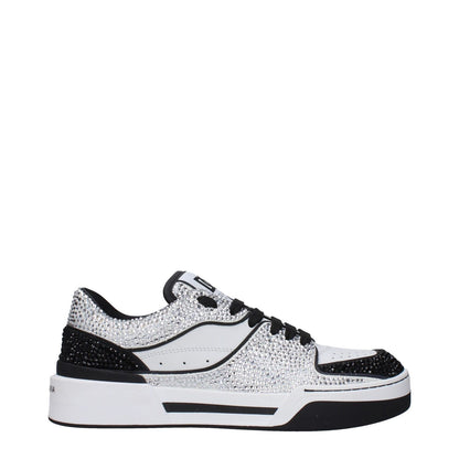Dolce & Gabbana White Leather Low Top Sneakers with front and back logo, made of white leather, featuring stylish design.
