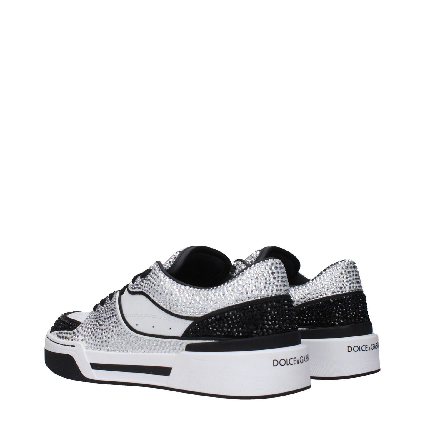 Dolce & Gabbana White Leather Low Top Sneakers with sparkle detail and logos on the front and back view.