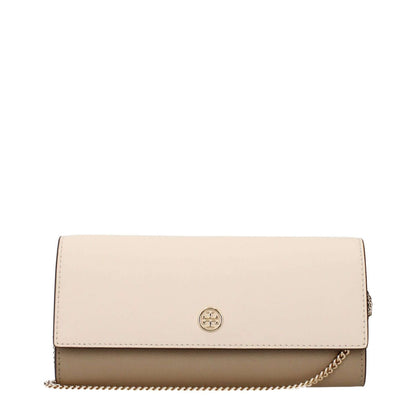 Tory Burch Beige Leather Clutch Bag with front logo and removable shoulder strap, elegant women's accessory in beige.