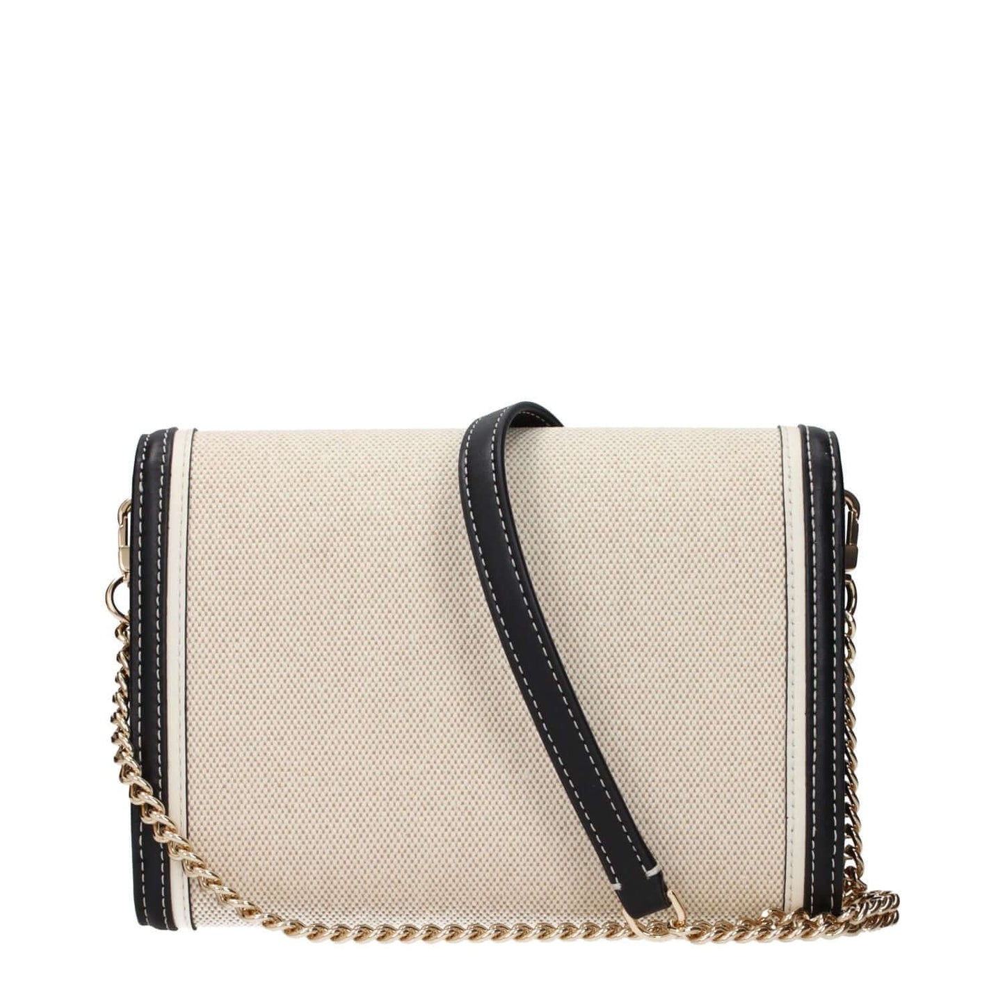 Tory Burch Beige Fabric Clutch Bag with front logo, removable shoulder strap, and chain detail, viewed from the back.