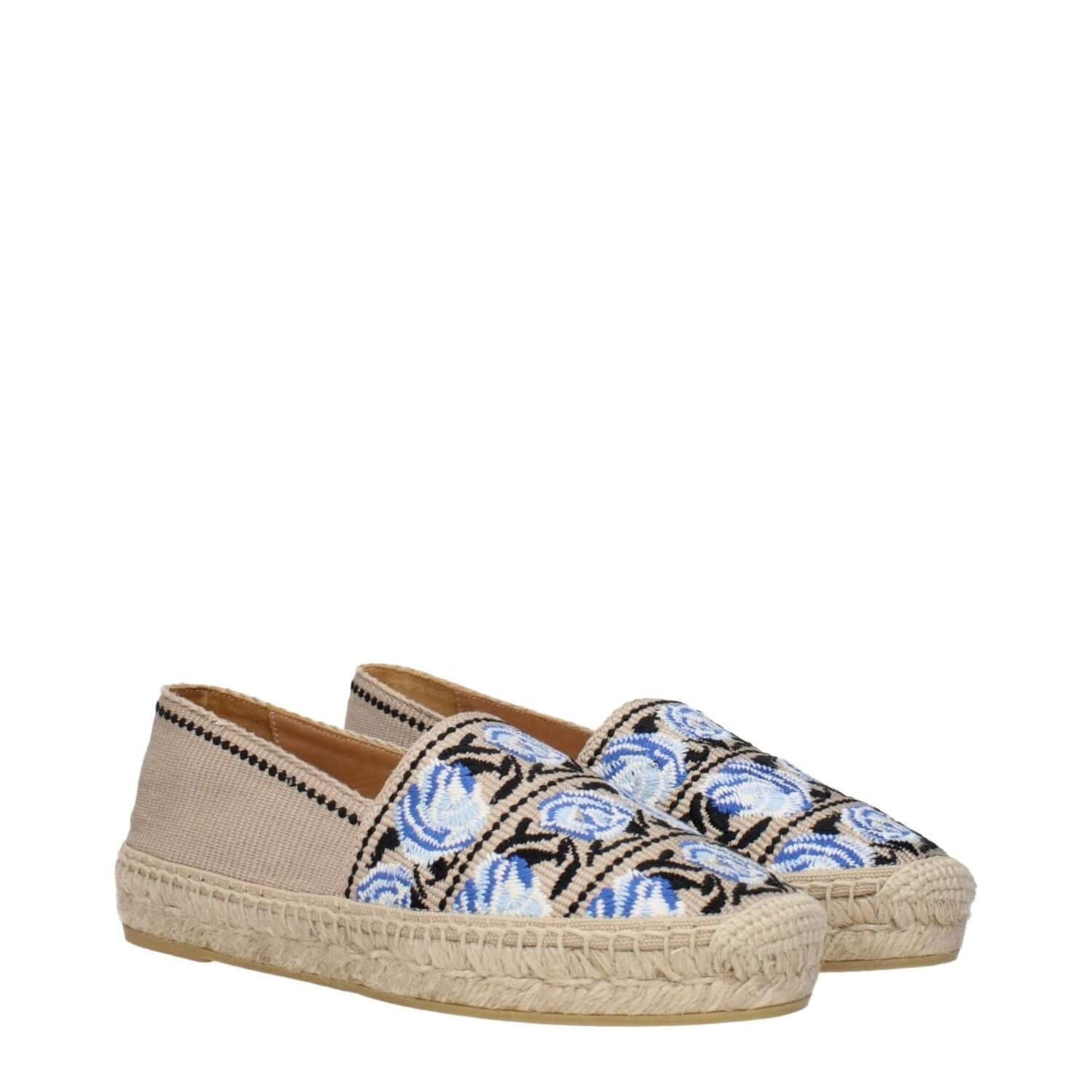 Prada Beige Fabric Espadrilles with blue print design, style MPN 1S173M3L82020F00J2, showcasing comfort and fashion elegance.