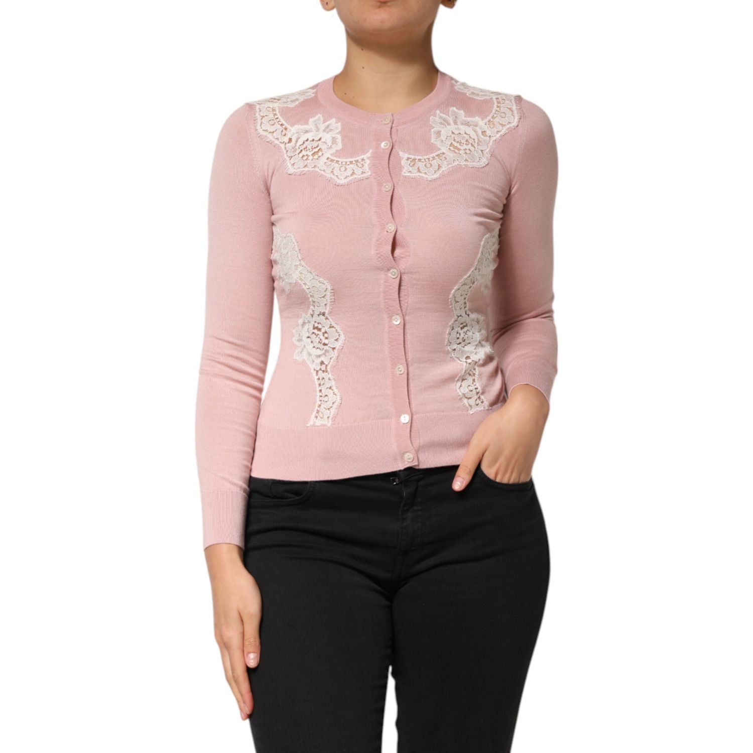 Dolce & Gabbana Pink Floral Lace Detailing Cardigan Sweater