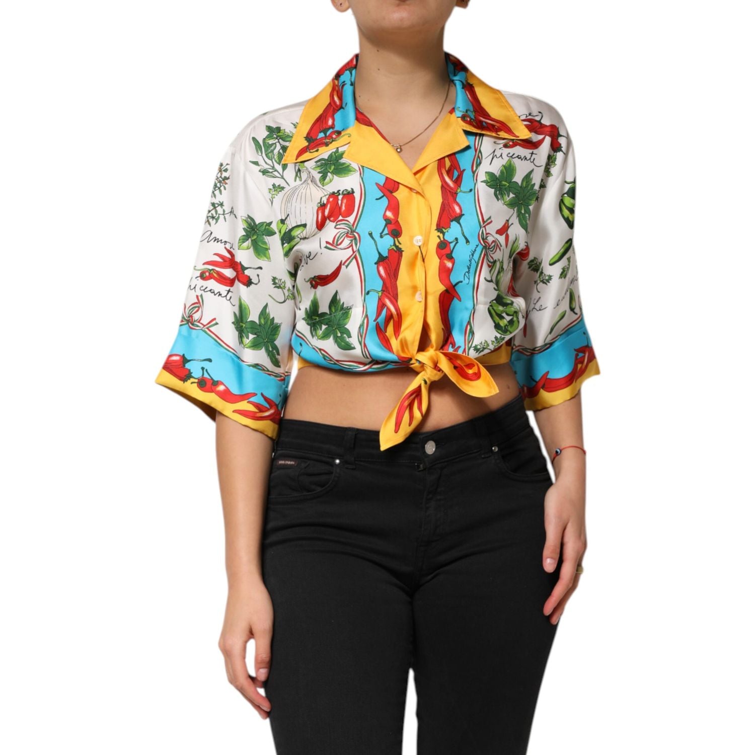 Dolce & Gabbana Multicolor Chili Silk Cropped Blouse Top