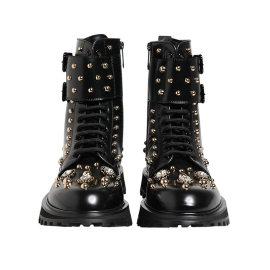 Dolce & Gabbana Black Studded Lace Up Mid Calf Boots Shoes MV7683-42.5
