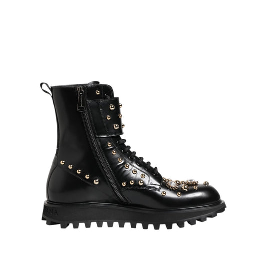 Dolce & Gabbana Black Studded Lace Up Mid Calf Boots Shoes MV7683-42.5