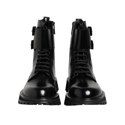 Dolce & Gabbana Black Leather Lace Up Mid Calf Boots Shoes