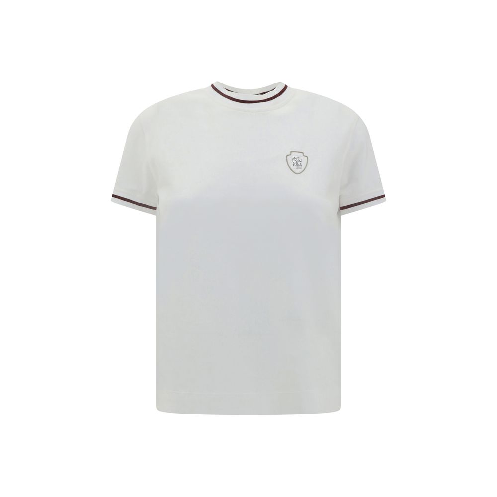Brunello Cucinelli White Cotton T-Shirt with ribbed crew neck and brand monogram, elegant and versatile design, regular fit.