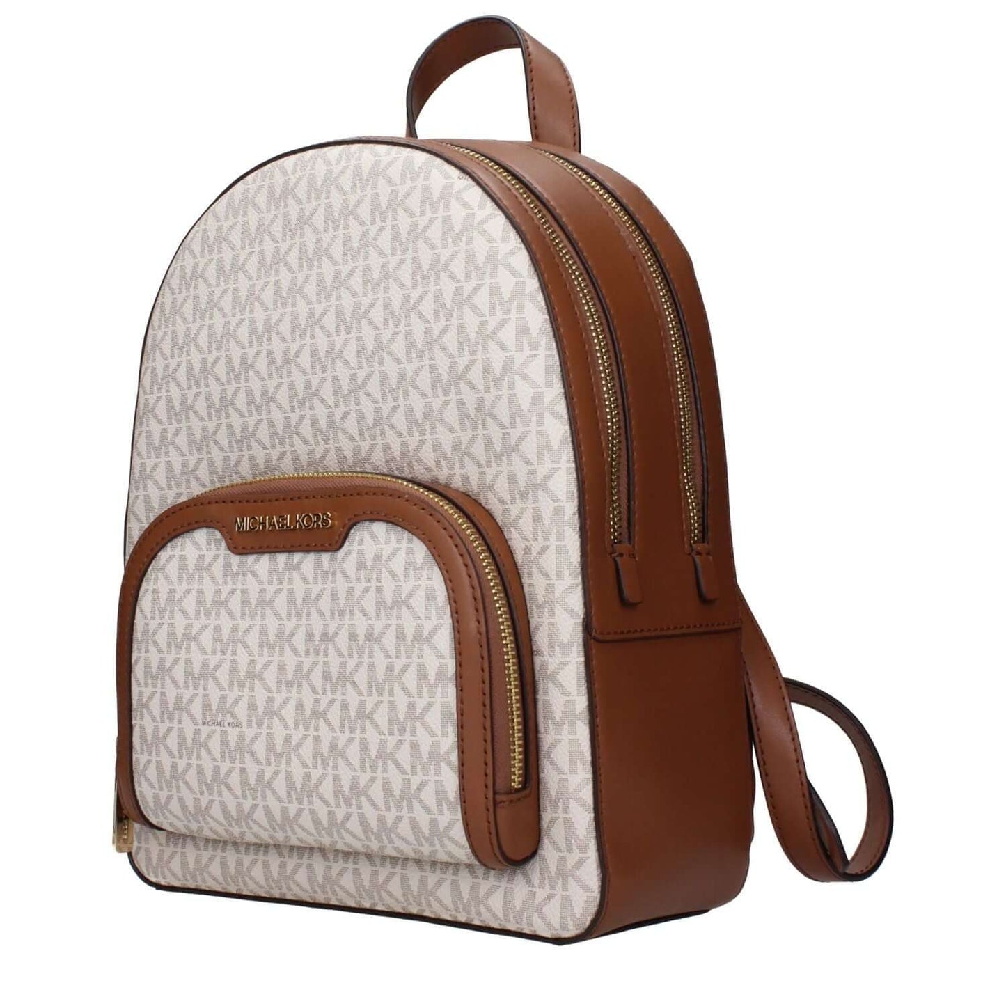 Michael Kors Beige Fabric Backpack with logo design and adjustable straps for versatile wear.