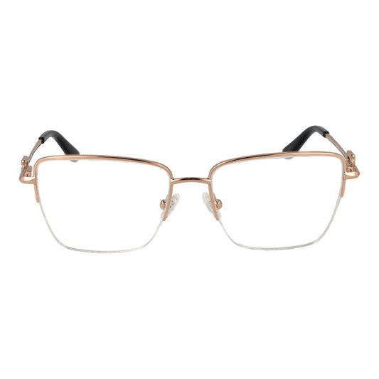 Guess Gold Women Glasses Frame, square half-rim design with gold metal frame and demo lenses, includes branded case, spring hinge detail.