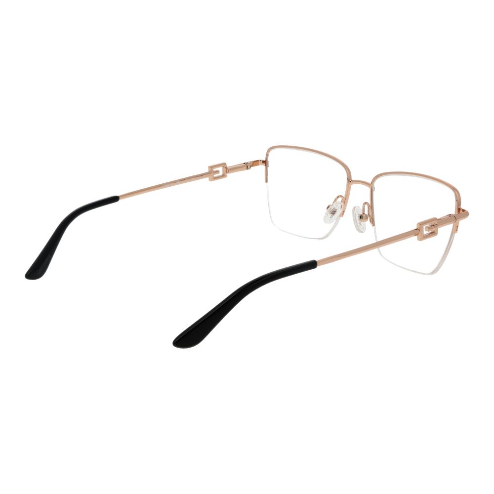 Guess Gold Women Glasses Frame with gold metal half-rim and square design, featuring demo lenses and spring hinges. Includes branded case.