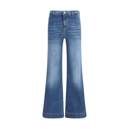 7FOR Blue Cotton Flared Jeans with modern flare cut, front zipper, button closure, and patch pockets, ideal for contemporary feminine looks.