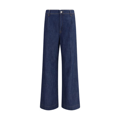 7FOR Blue Modal Jeans Denim with wide leg, high waist, pleated details, zipper closure, and welt pockets for a contemporary look.