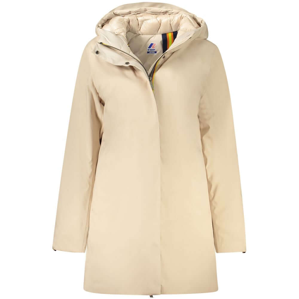 K-WAY Beige Polyester Jackets & Coat - Long sleeve trench with hood, padded, multiple pockets, zip and buttons, logo.