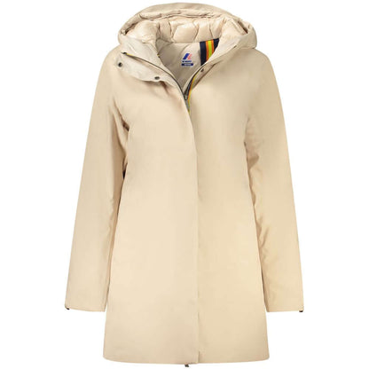 K-WAY Beige Polyester Jackets & Coat - Long sleeve trench with hood, padded, multiple pockets, zip and buttons, logo.