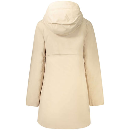 K-WAY Beige Polyester Jackets & Coat - Long sleeve trench coat with hood, padded, multiple pockets, zip and buttons, back view