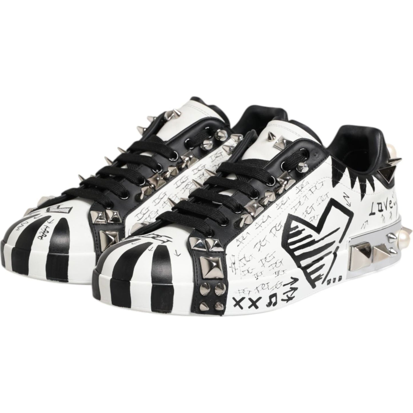 Dolce & Gabbana Black White Studded Low Top Sneakers Shoes MV7609-41