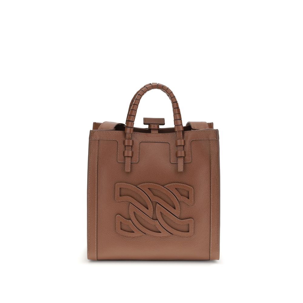 Casadei Brown Calf Leather Bos Taurus Shoulder Bag with embossed logo and tubular handles.