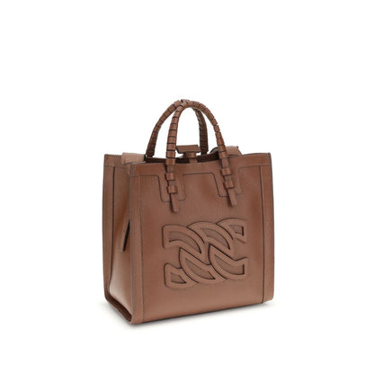 Casadei Brown Calf Leather Bos Taurus Shoulder Bag with embossed logo, tubular handles, and removable strap for versatile use.