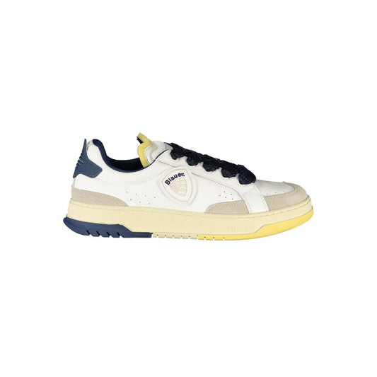 Blauer White Leather Men Sneaker with blue accents and removable insole, featuring the iconic Blauer logo for modern style and comfort.