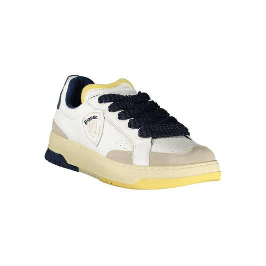 Blauer White Leather Men Sneaker with blue accents, featuring removable insole and iconic Blauer logo for style and comfort.