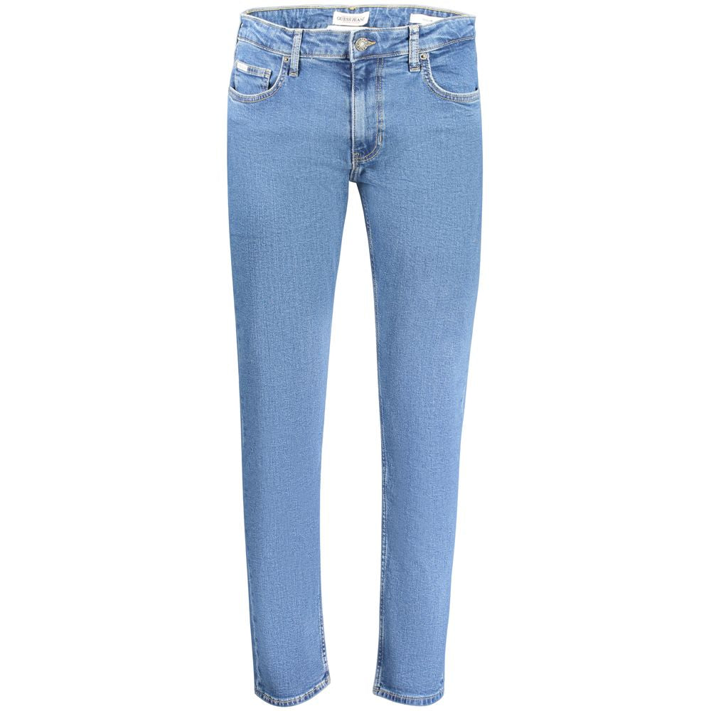 Guess Jeans Blue Cotton Men's Jean slim-fit five-pocket design with button and zip closure showing signature Guess logo.