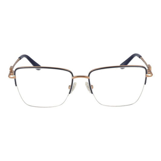 Guess Gray Women Glasses Frame, grey metal half-rim rectangular frame with demo plastic lenses, measuring 53-16-140, featuring spring hinge.