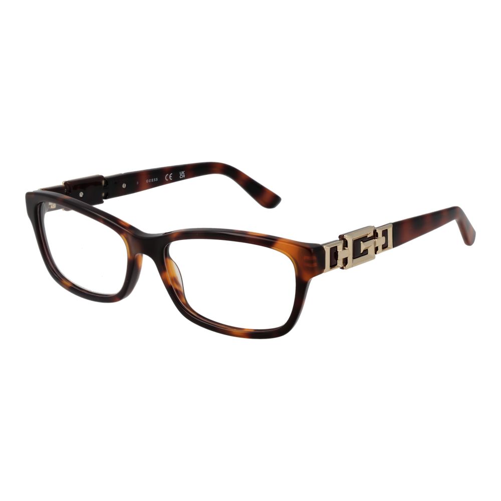 Guess Brown Women Glasses Frame in acetate with full-rim rectangular style, demo lenses, and branded case included.