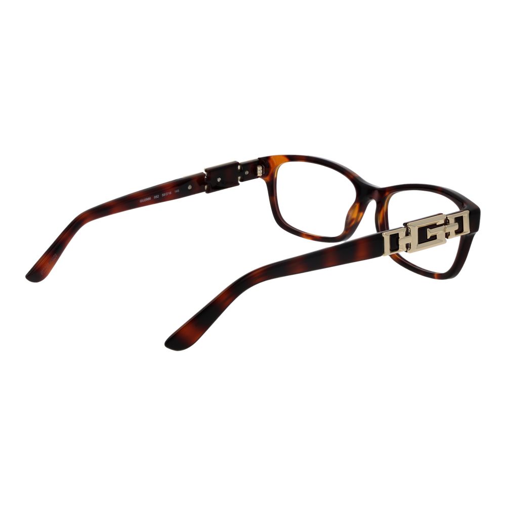 Guess Brown Women Glasses Frame, full-rim acetate, rectangle style with 55mm demo lenses, 145mm temples, includes branded case.