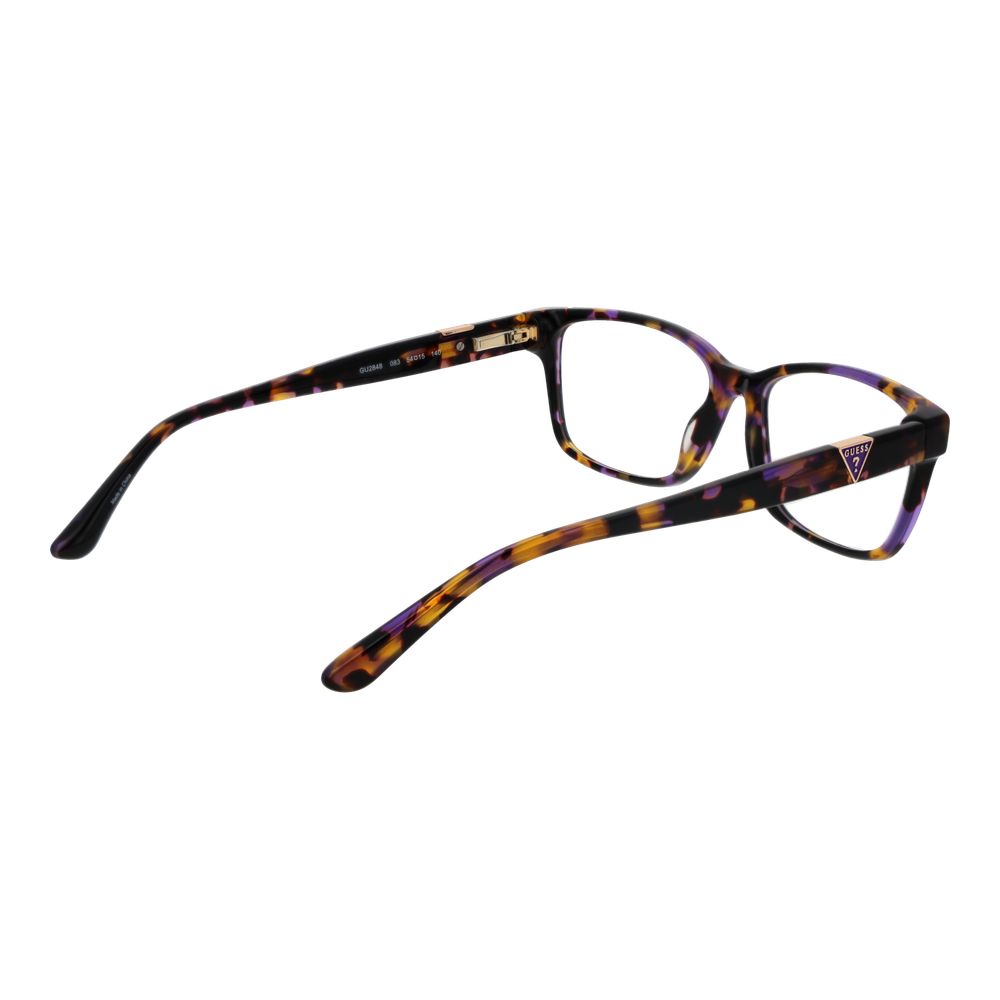 Guess Purple Women Glasses Frame, plastic rectangle full-rim style with spring hinge, demo lenses, purple tortoiseshell pattern.