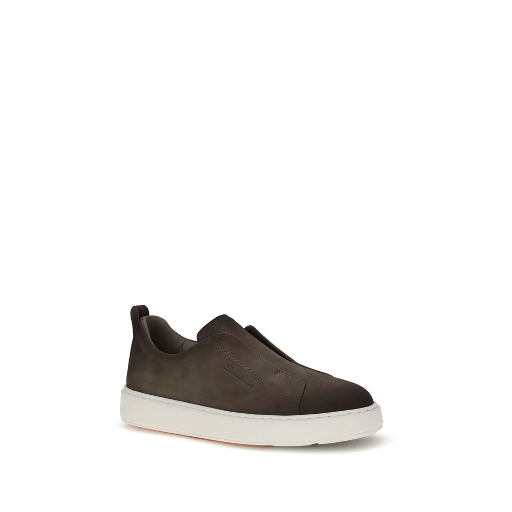 Santoni Brown Rubber Low Top Sneakers with slip-on style and heel loop, featuring durable rubber sole and orange double buckle decoration.
