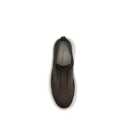 Top view of Santoni Brown Rubber Low Top Sneakers with sleek design, rounded toe, and orange logo insole.