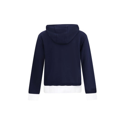 Back view of Thom Browne Blue Cotton Sweatshirt with hood and contrast hem.