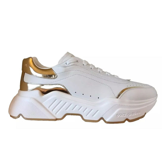 Dolce & Gabbana White Gold DAYMASTER Leather Sneakers Mens Shoes with calfskin leather, rubber sole, and logo details.