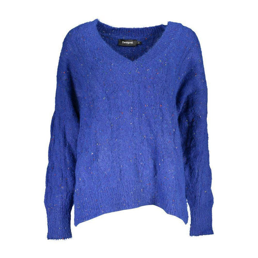 Desigual Blue Polyester Sweater with long sleeves, V-neck, and contrast details featuring the brand logo.