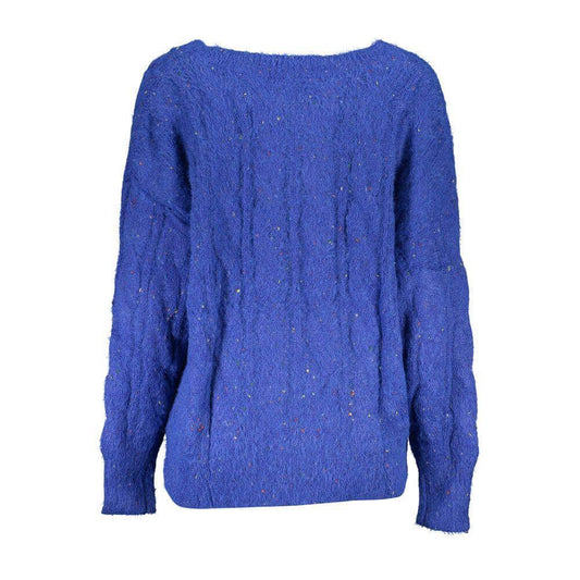 Desigual Blue Polyester Sweater, long-sleeved V-neck with contrast details and logo.