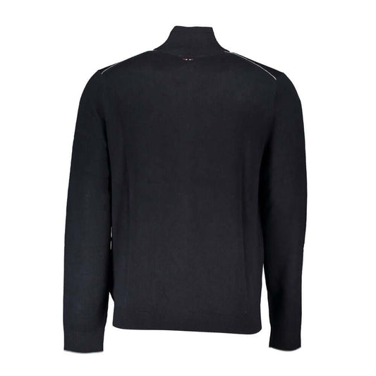 Napapijri Black Fabric Sweater, long sleeve cardigan with zip and embroidery logo, rear view.