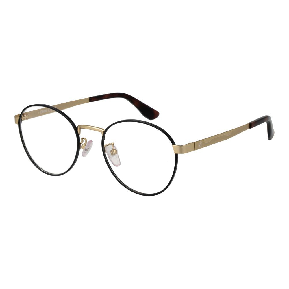 BMW Black Men Glasses Frame, full-rim round style, black metal frame, demo lenses, 51-19-150 size, includes branded case.