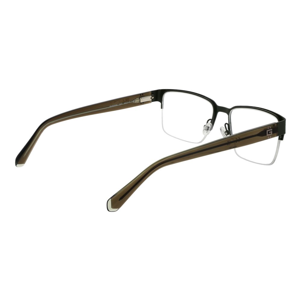 Guess Green Men Glasses Frame with half-rim green metal frame and demo lenses, temples length 145mm, includes branded case.
