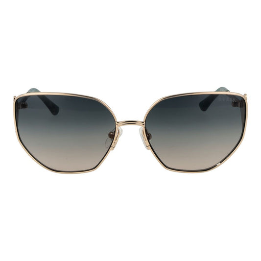 Guess Gold Women Sunglass with gold full-rim metal frame and gradient green lenses, butterfly style, offering 100% UVA & UVB protection.