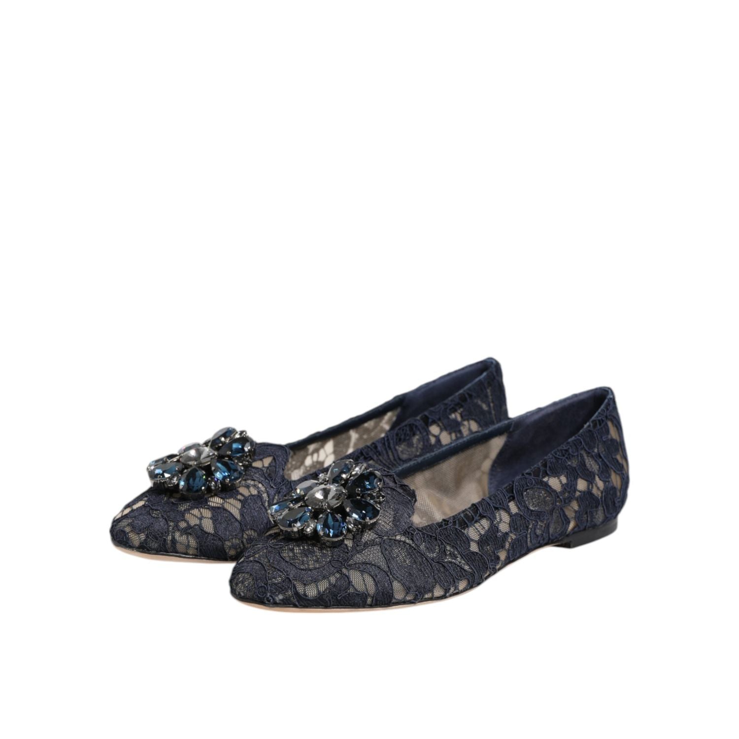 Dolce & Gabbana Blue Taormina Lace Crystals Flats Shoes
